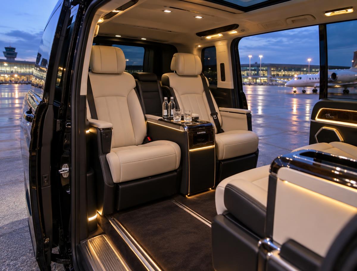 VIP interior of a Mercedes V-Class with cream leather seats, bottled water and warm ambient lighting at an airport terminal